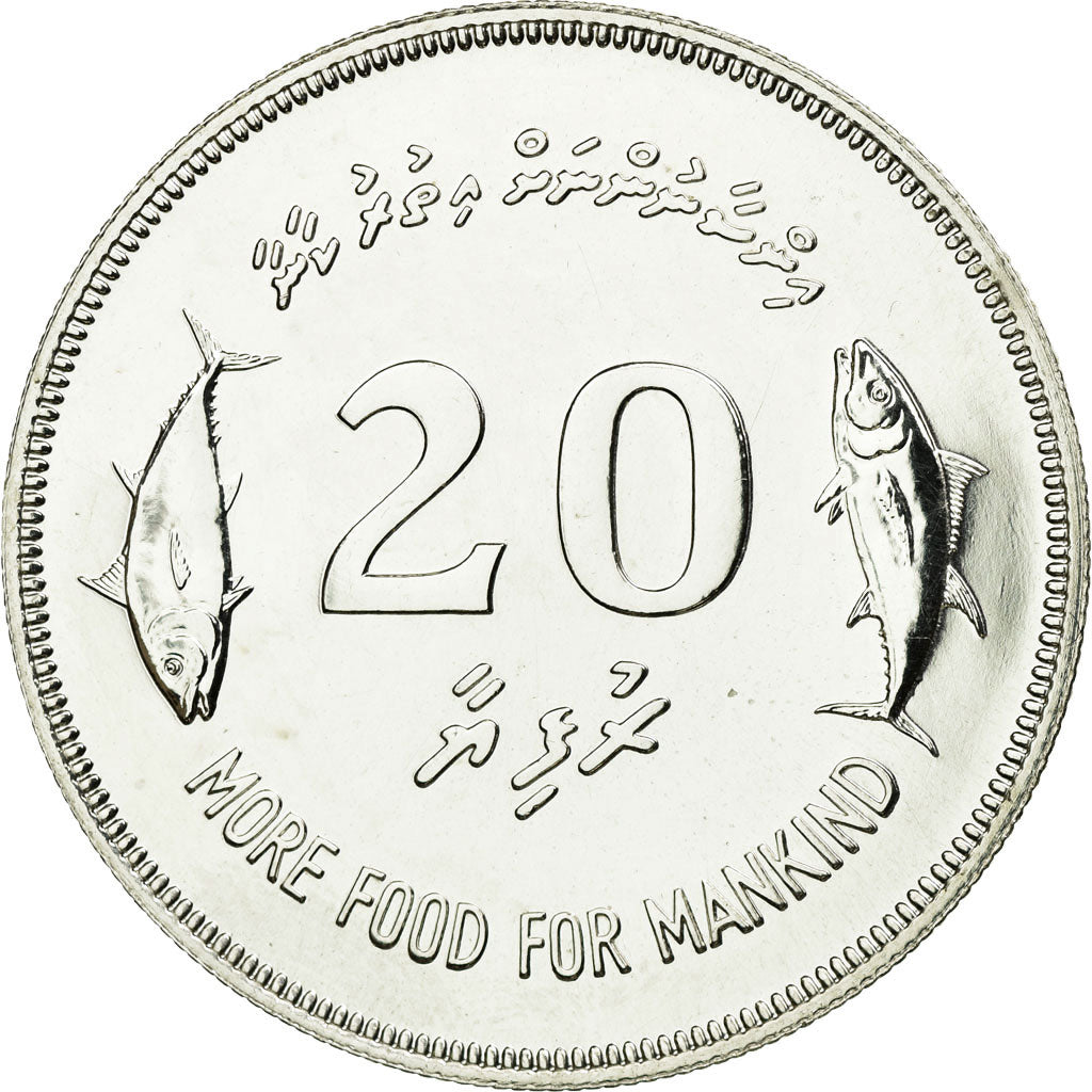 Coin, MALDIVE ISLANDS, 20 Rufiyaa, 1977, MS(60-62), Silver, KM:56