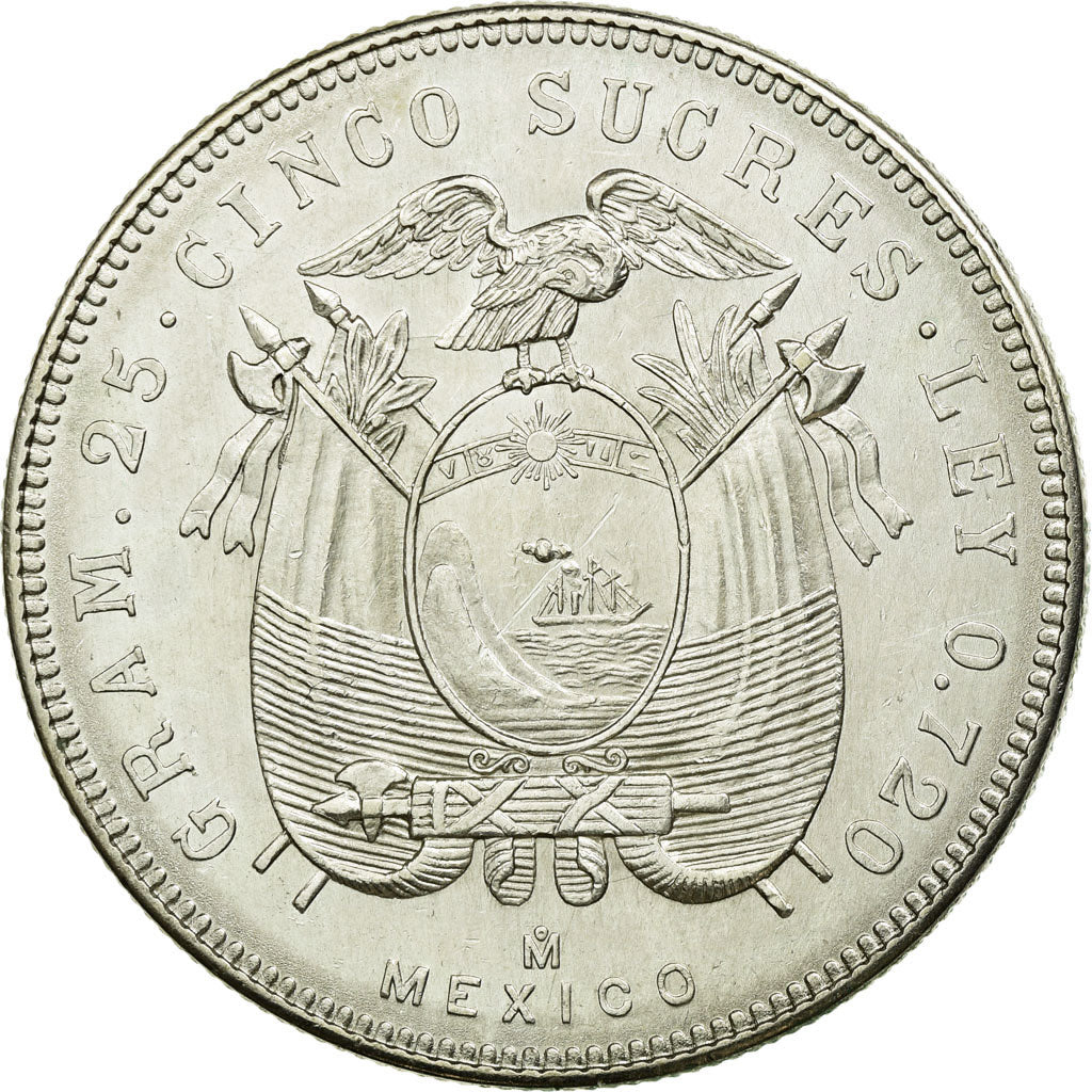 Coin, Ecuador, 5 Sucres, Cinco, 1943, Mexico City, Mexico,AU(55-58),Silver,KM 79