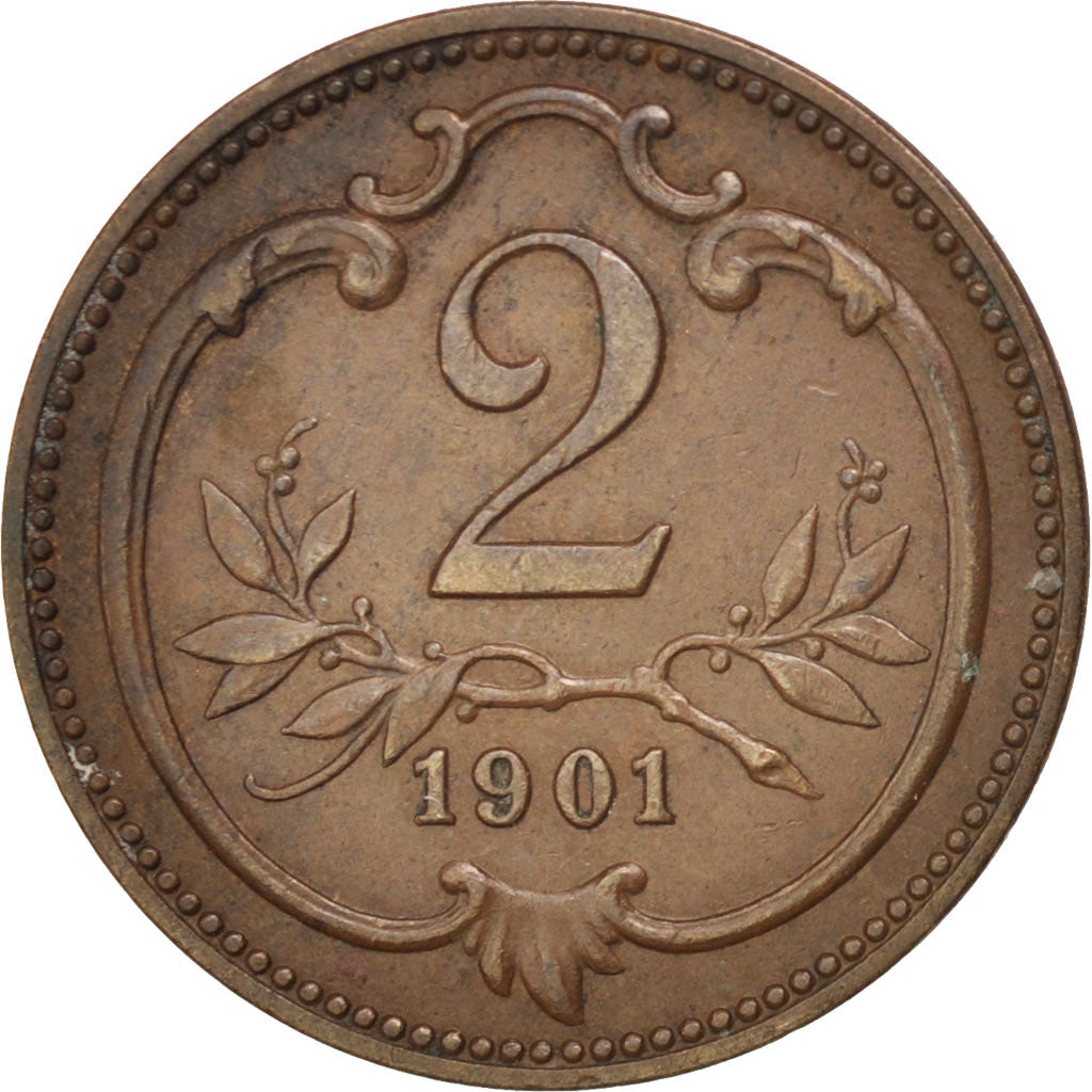 AUSTRIA, 2 Heller, 1901, KM #2801, AU(50-53), Bronze, 19, 3.35