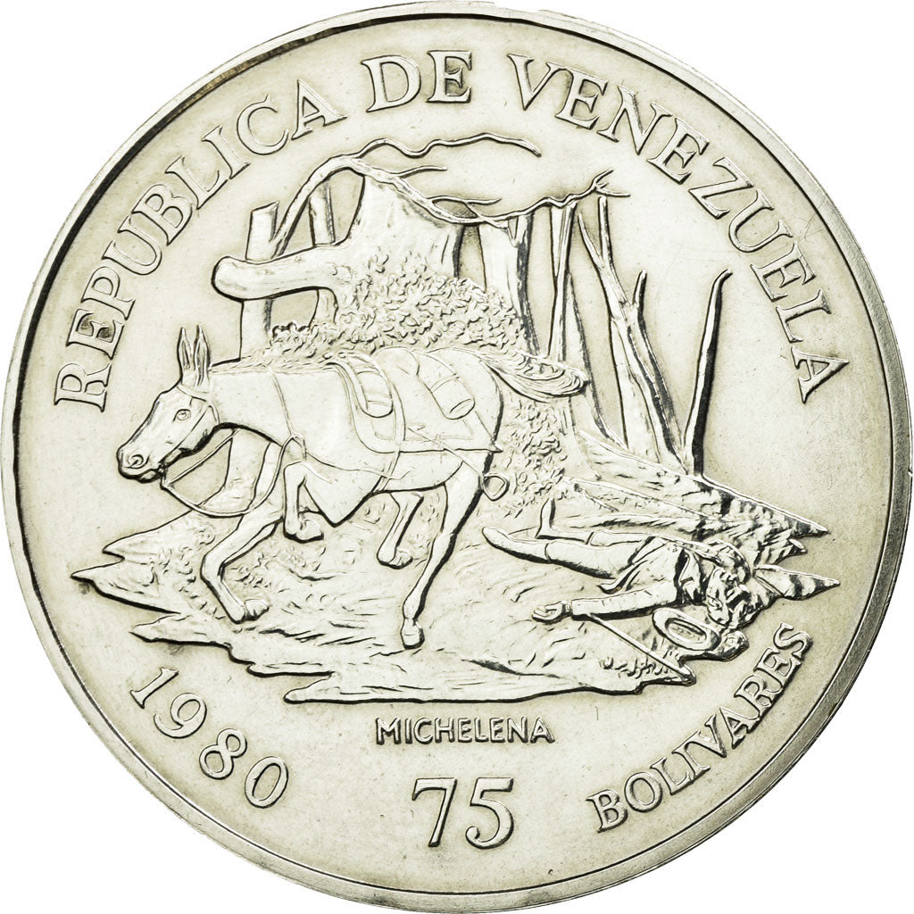 Moneda, Venezuela, 75 Bolivares, 1980, British Royal Mint, SC, Plata, KM:55