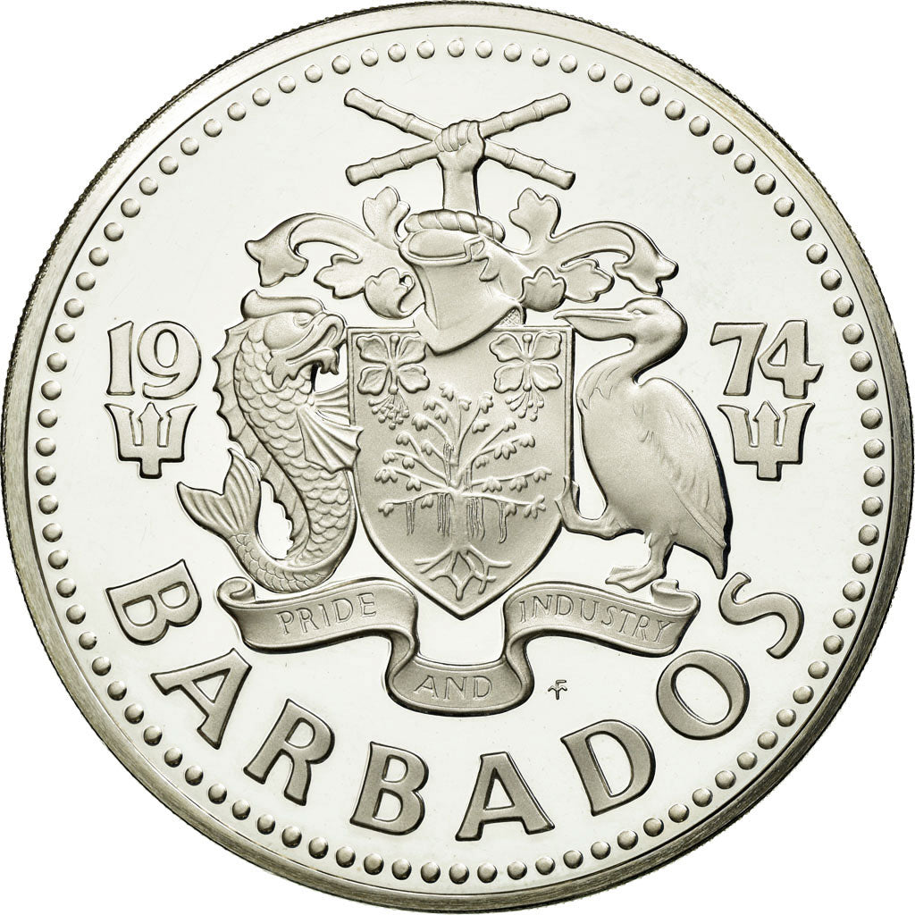 Coin, Barbados, 10 Dollars, 1974, Franklin Mint, MS(65-70), Silver, KM:17a