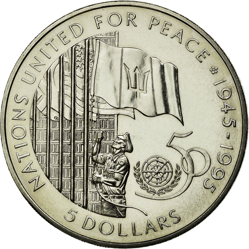 Coin, Barbados, 5 Dollars, 1995, MS(64), Silver, KM:62a
