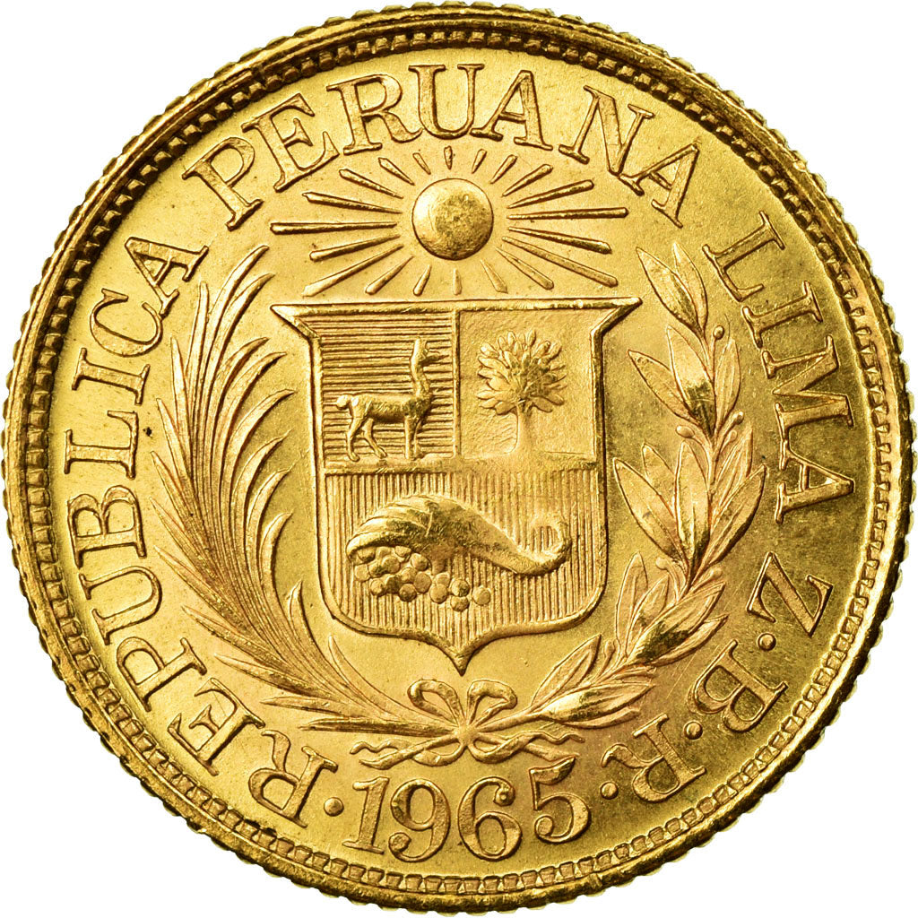 Coin, Peru, 1/2 Libra, Pound, 1965, MS(60-62), Gold, KM:209