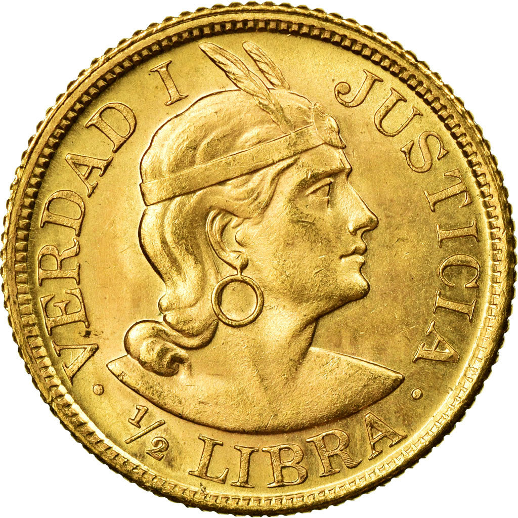 Coin, Peru, 1/2 Libra, Pound, 1965, MS(60-62), Gold, KM:209