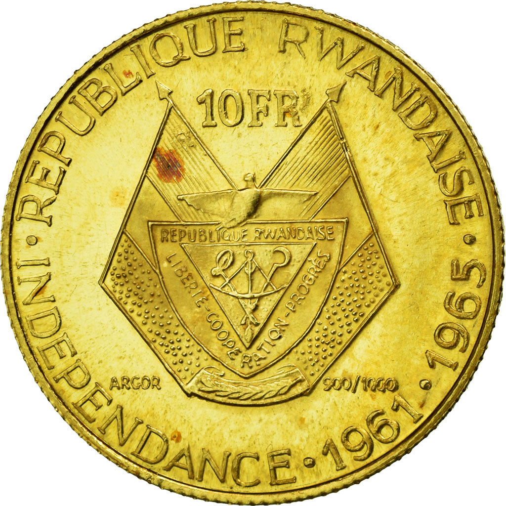 Coin, Rwanda, 10 Francs, 1965, MS(63), Gold, KM:1