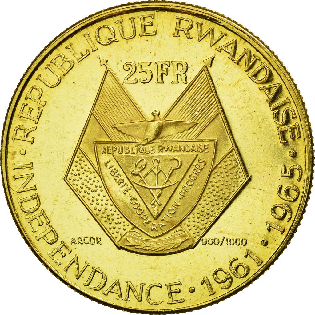 Coin, Rwanda, 25 Francs, 1965, MS(63), Gold, KM:2