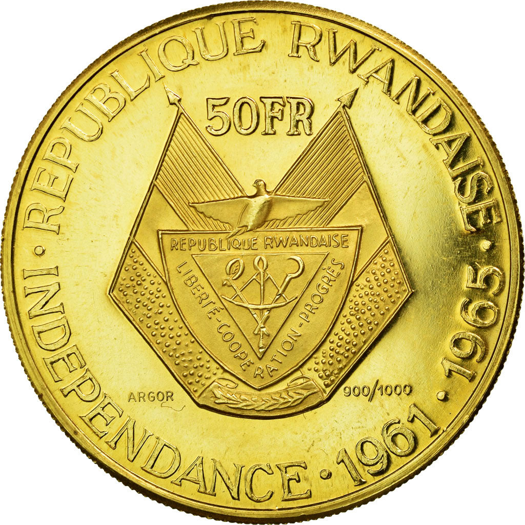 Coin, Rwanda, 50 Francs, 1965, MS(63), Gold, KM:3