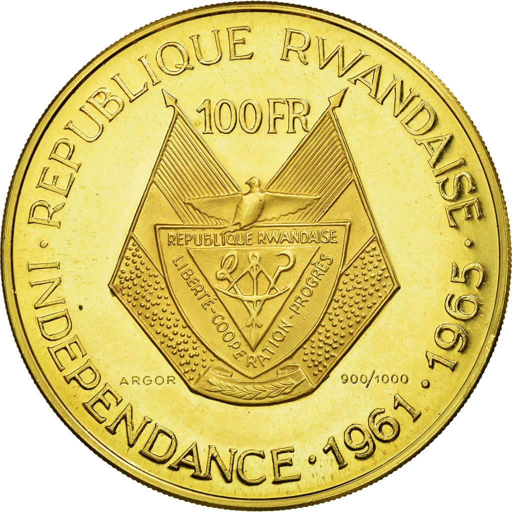 Moeda, Ruanda, 100 Francs, 1965, MS(63), Dourado, KM:4