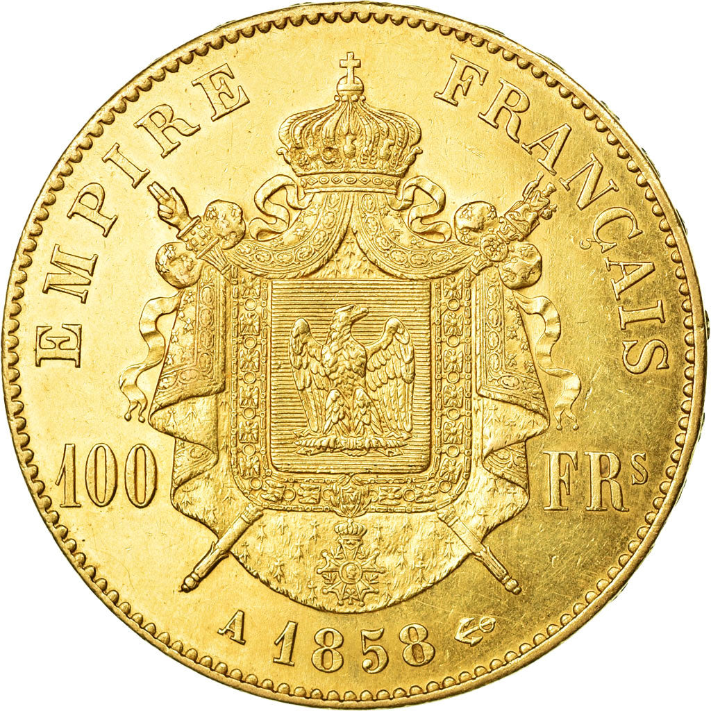 Munten, Frankrijk, Napoleon III, 100 Francs, 1858, Paris, ZF,Goud, KM 786.1