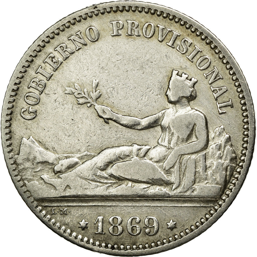 Coin,Spain,Provisional Government,Peseta,1869,Madrid,VF(20-25),KM 652