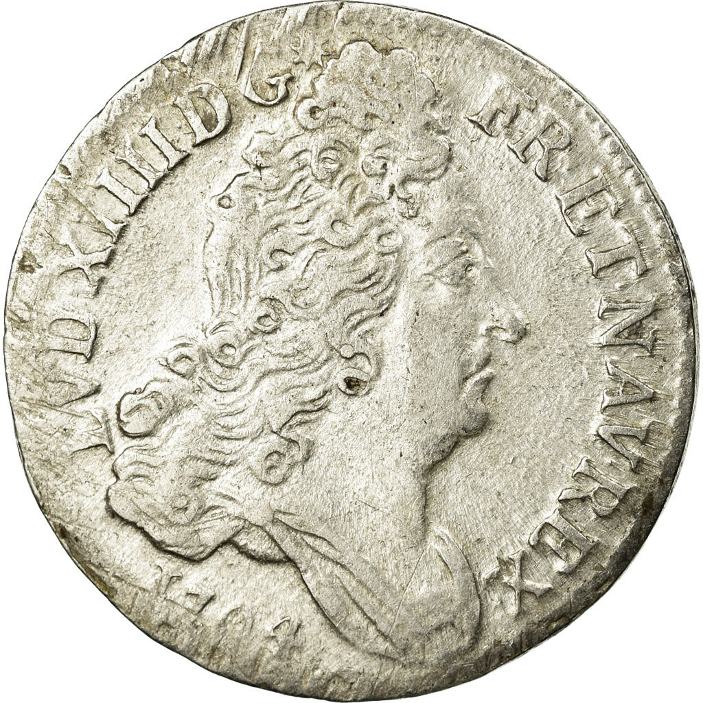 Moneda, Francia, Louis XIV, 10 Sols aux insignes, 1704, Lyon, MBC, KM 349.3
