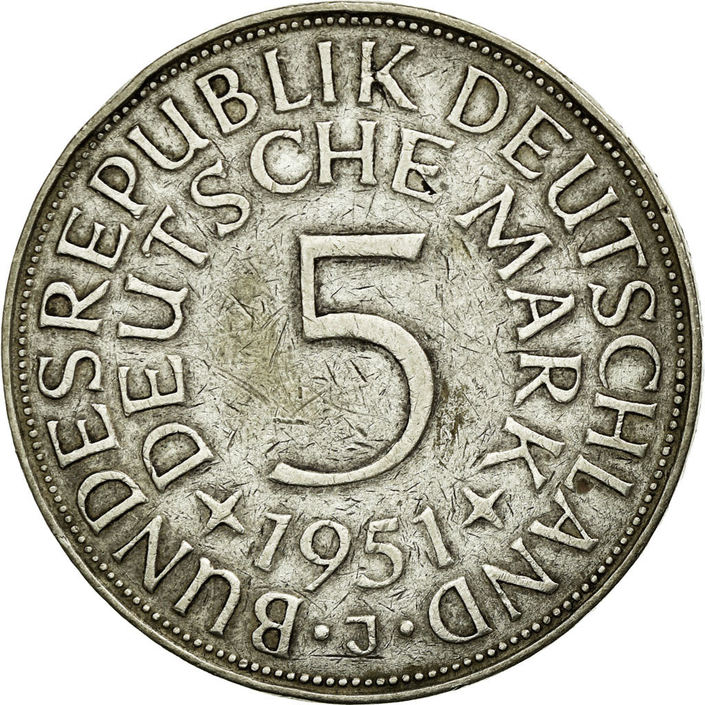 Coin, GERMANY - FEDERAL REPUBLIC, 5 Mark, 1951, Hambourg, EF(40-45), Silver