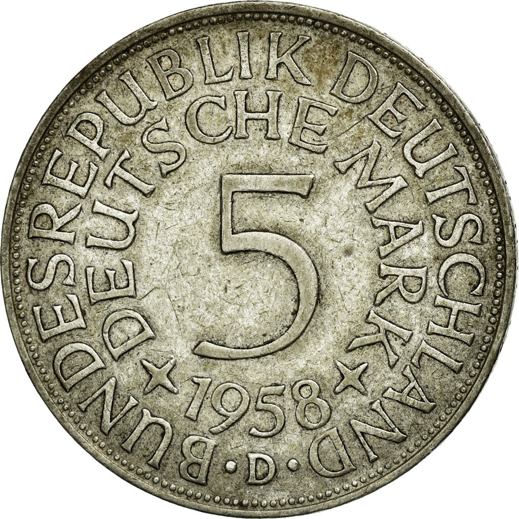 Coin, GERMANY - FEDERAL REPUBLIC, 5 Mark, 1958, Munich, EF(40-45), Silver