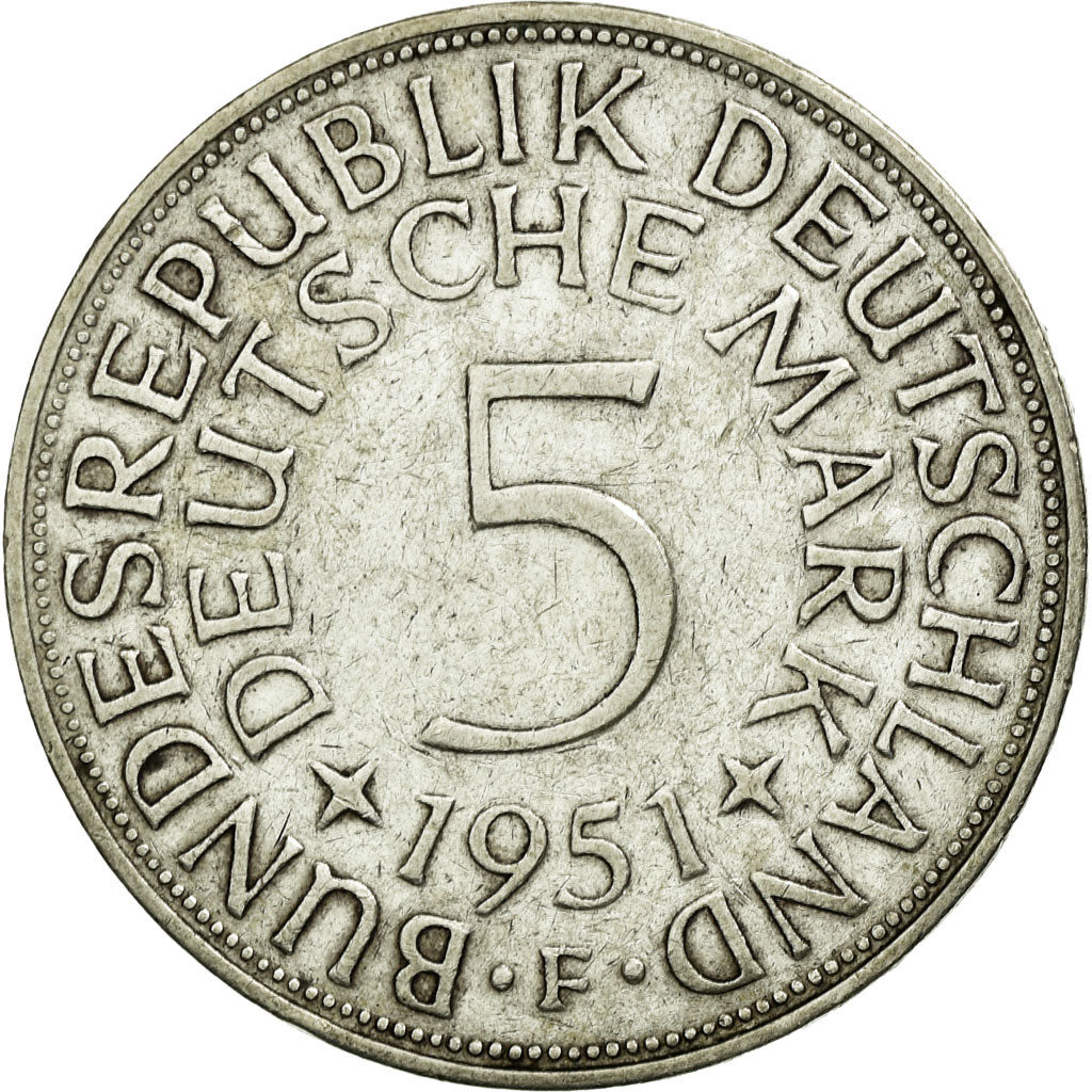 Coin, GERMANY - FEDERAL REPUBLIC, 5 Mark, 1951, Stuttgart, EF(40-45), Silver