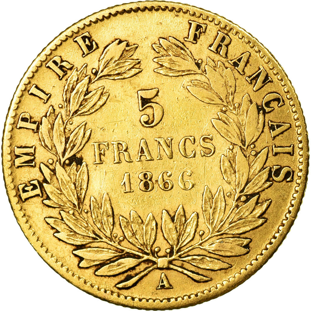 Moneda, Francia, Napoleon III,  5 Francs, 1866, Paris, MBC, Oro, KM 803.1
