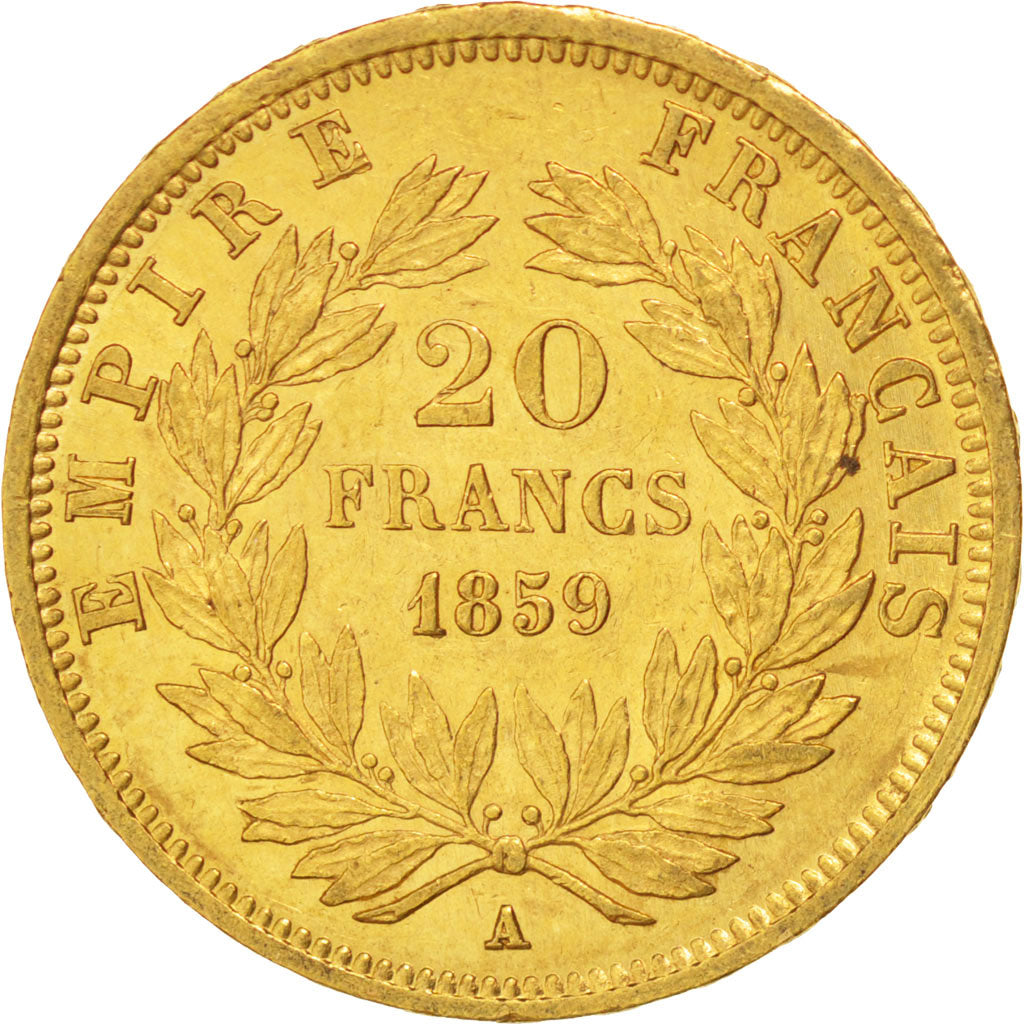 FRANCE, Napoléon III, 20 Francs, 1859, Paris, KM #781.1, AU(55-58), Gold, Gadour