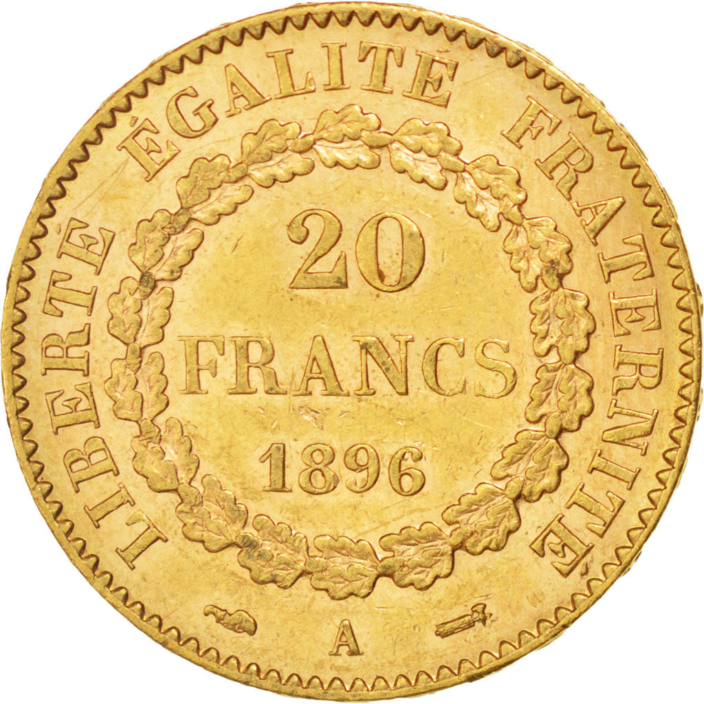FRANCE, Génie, 20 Francs, 1896, Paris, KM #825, AU(55-58), Gold, Gadoury #1063, 