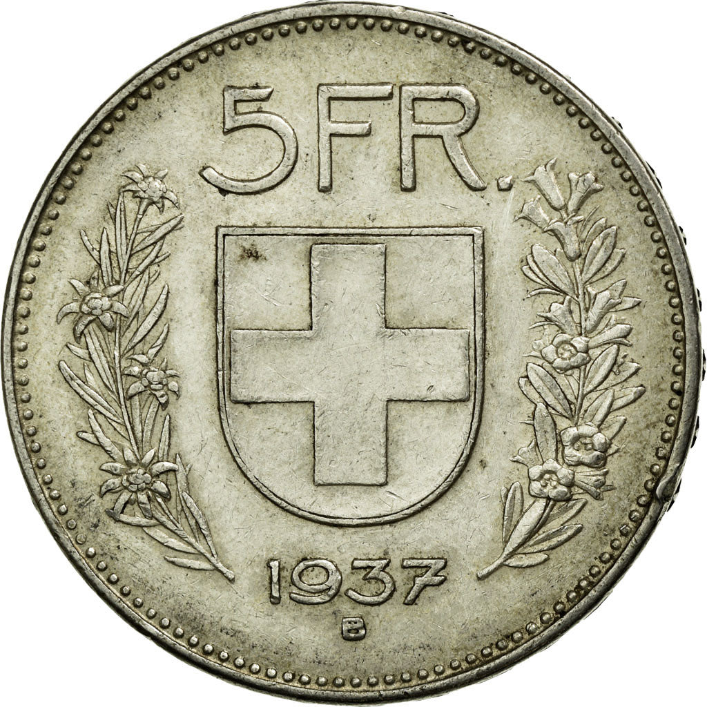 Coin, Switzerland, 5 Francs, 1937, Bern, EF(40-45), Silver, KM:40