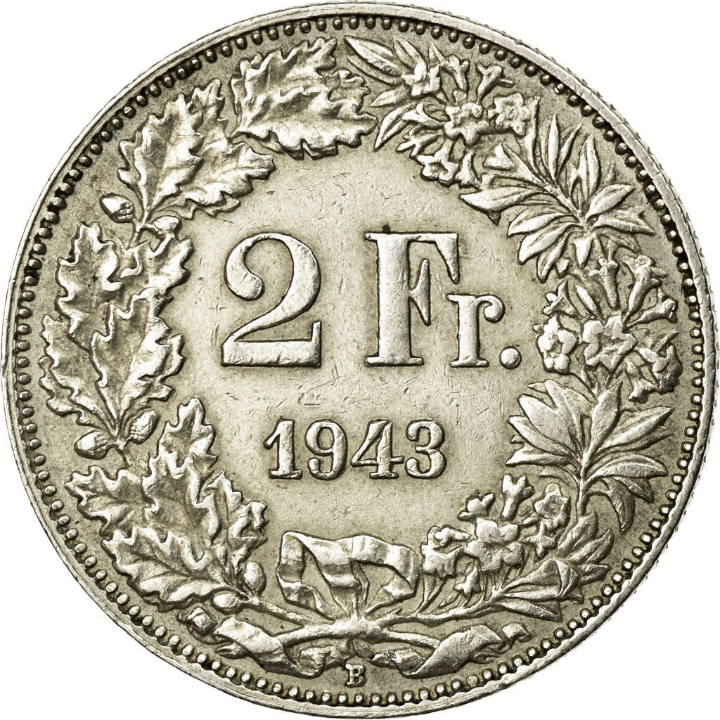 Coin, Switzerland, 2 Francs, 1943, Bern, EF(40-45), Silver, KM:21