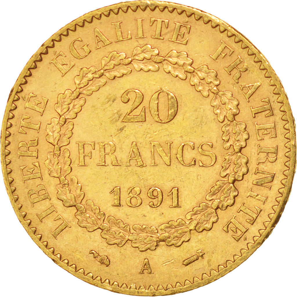 FRANCE, Génie, 20 Francs, 1891, Paris, KM #825, AU(50-53), Gold, Gadoury #1063,