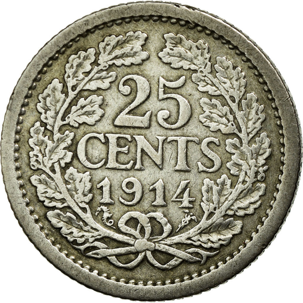 Coin, Netherlands, Wilhelmina I, 25 Cents, 1914, VF(30-35), Silver, KM:146