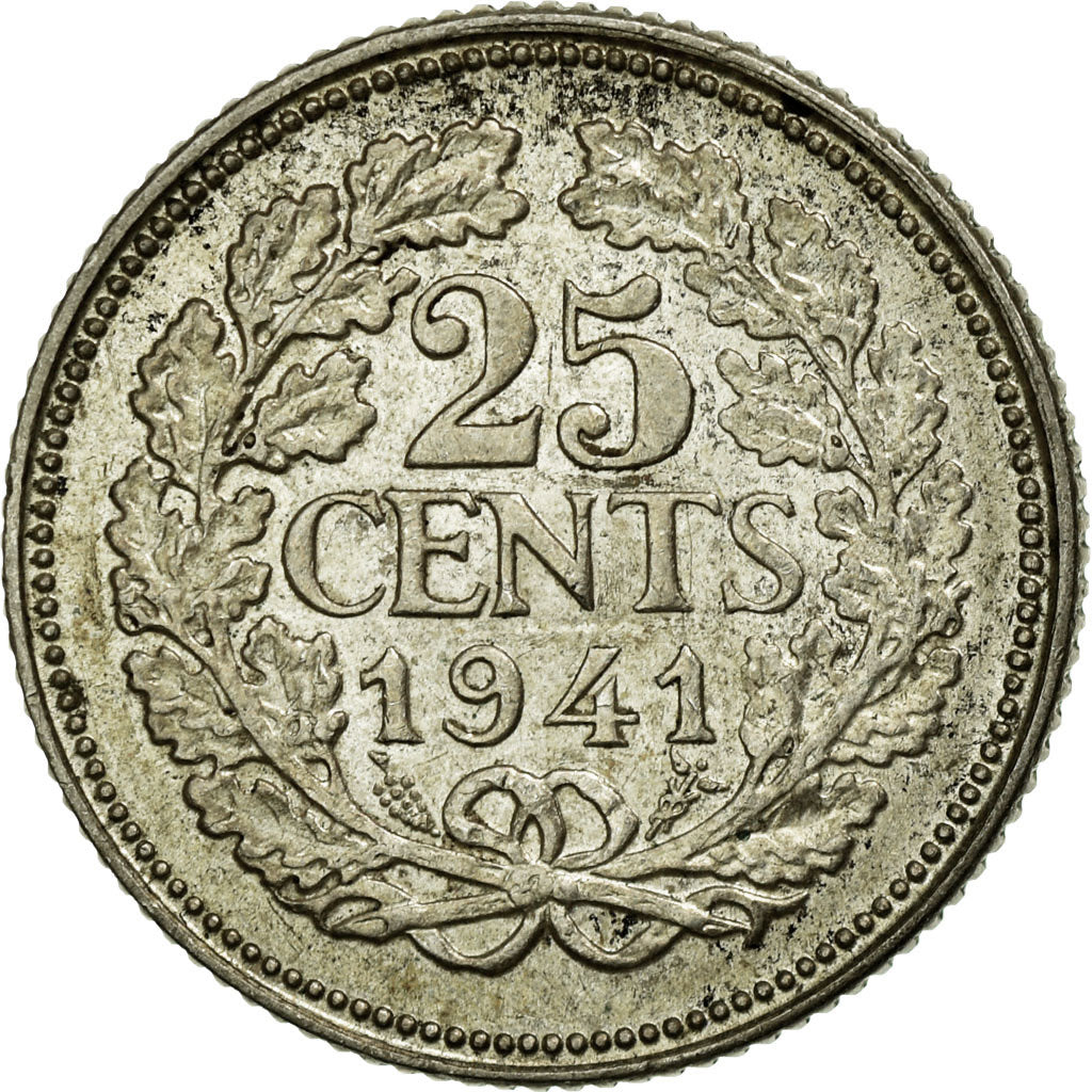 Coin, Netherlands, Wilhelmina I, 25 Cents, 1941, AU(50-53), Silver, KM:164