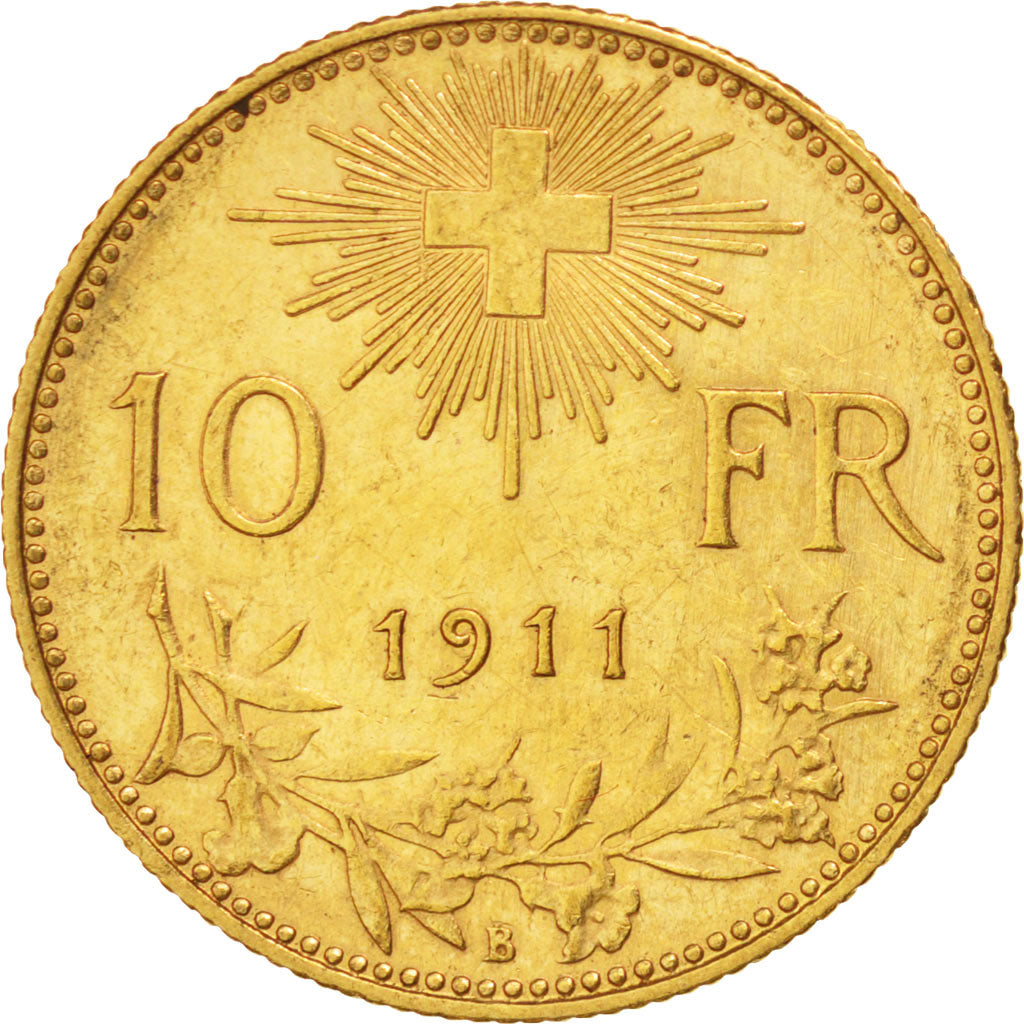 SWITZERLAND, 10 Francs, 1911, Bern, KM #36, AU(55-58), Gold, 3.21