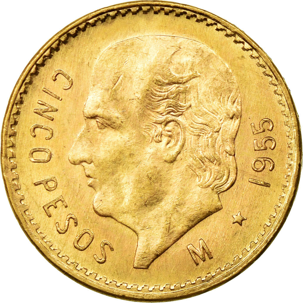Coin, Mexico, 5 Pesos, 1955, Mexico City, AU(55-58), Gold, KM:464