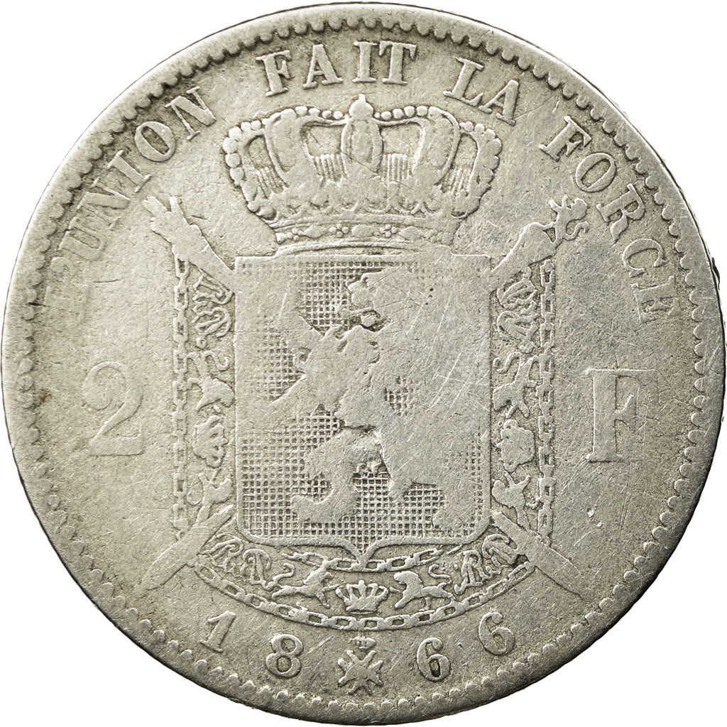 Coin, Belgium, Leopold II, 2 Francs, 2 Frank, 1866, F(12-15), Silver, KM:30.1
