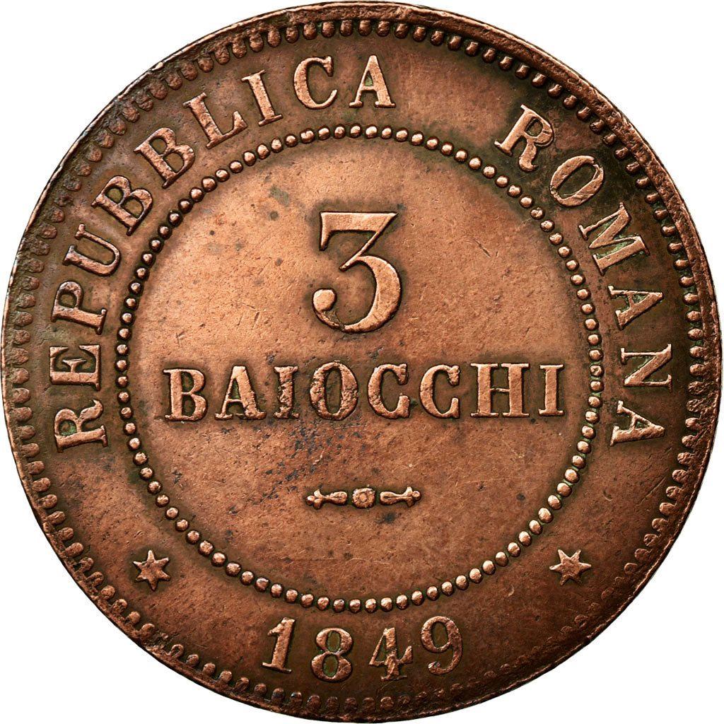 Monnaie, États italiens, ROMAN REPUBLIC, 3 Baiocchi, 1849, Roma, TTB, Cuivre
