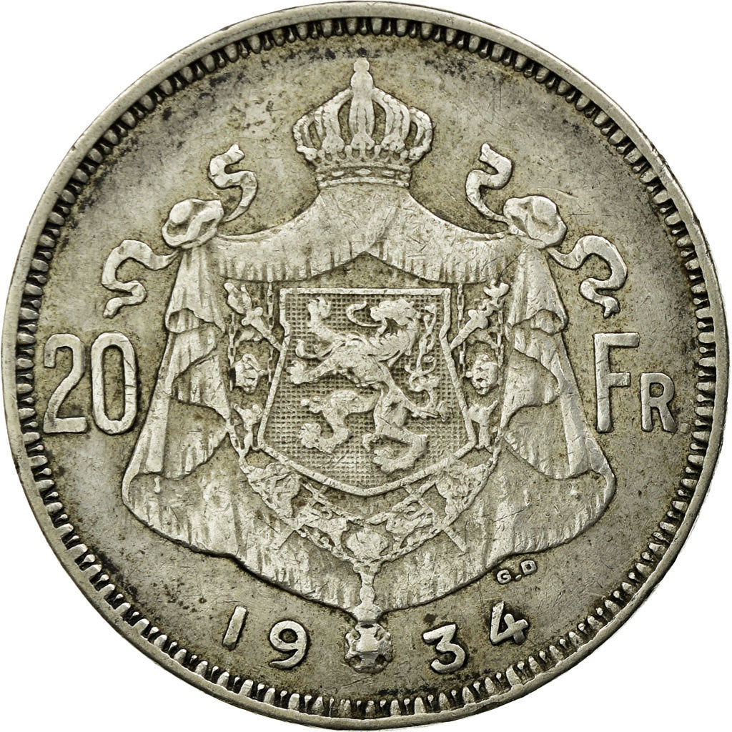 Coin, Belgium, 20 Francs, 20 Frank, 1934, EF(40-45), Silver, KM:104.1