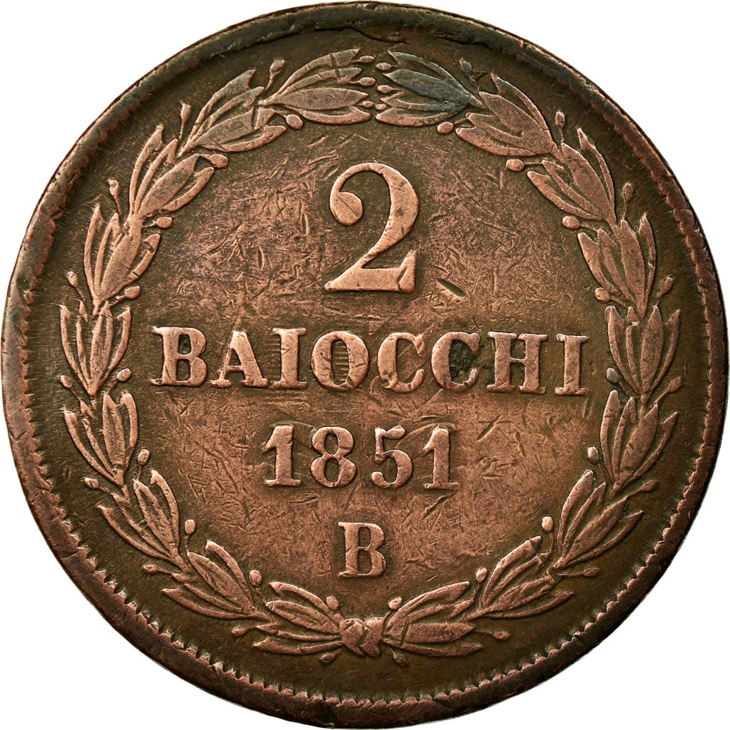 Coin, ITALIAN STATES, PAPAL STATES, Pius IX, 2 Baiocchi, Muraiola, 1851