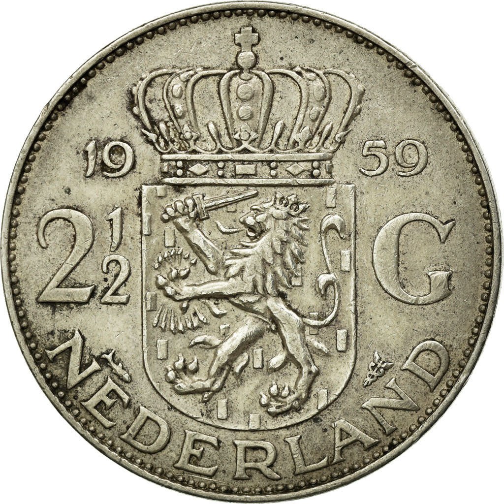 Moeda, Países Baixos, Juliana, 2-1/2 Gulden, 1959, AU(50-53), Prata, KM:185