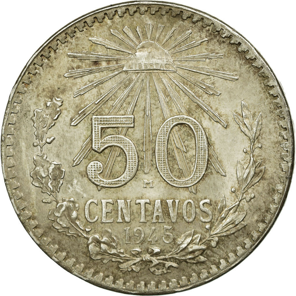 Moneda, México, 50 Centavos, 1945, Mexico City, EBC, Plata, KM:447