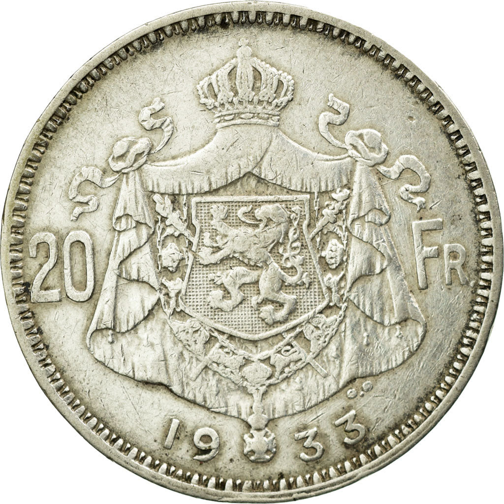 Coin, Belgium, 20 Francs, 20 Frank, 1933, AU(50-53), Silver, KM:103.1