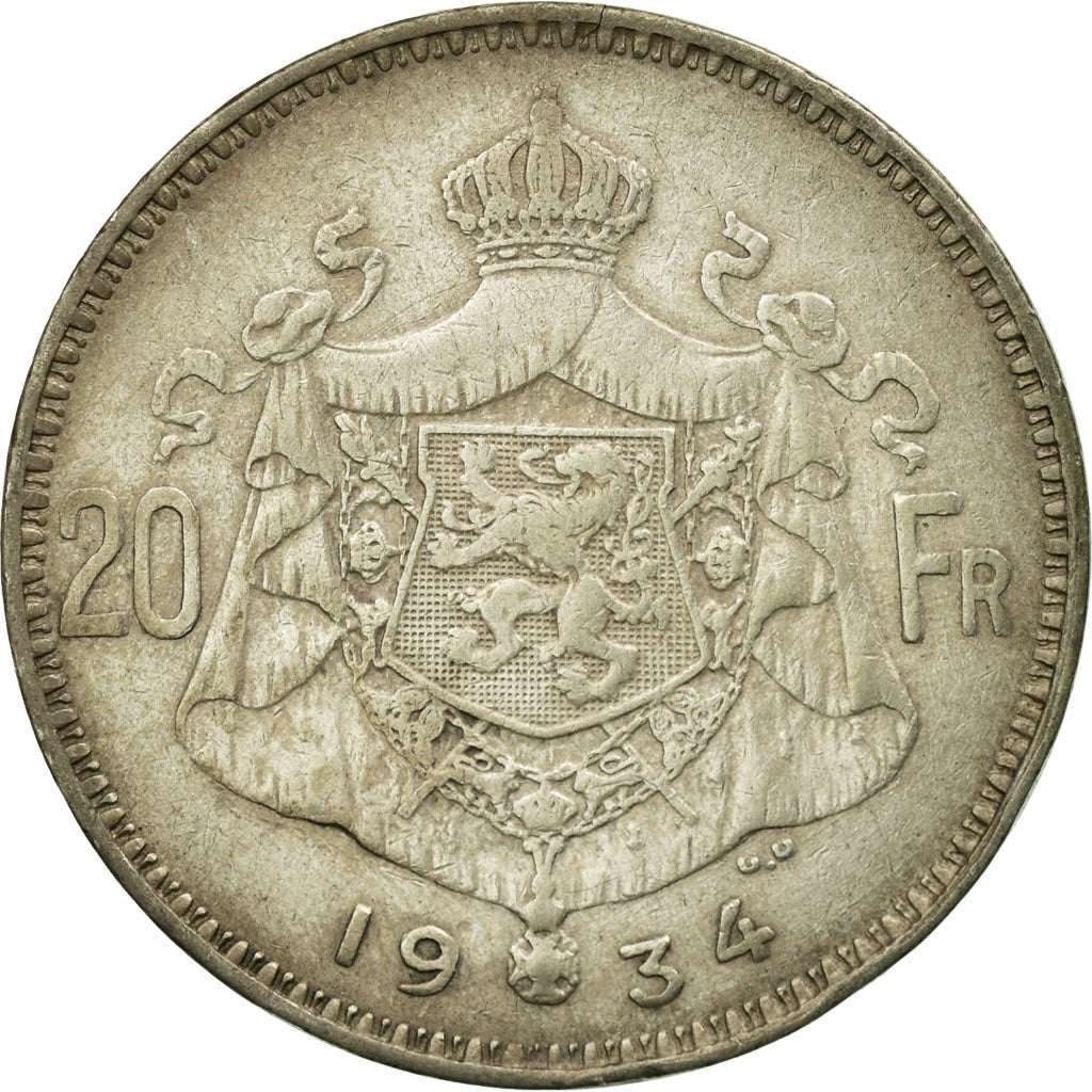 Coin, Belgium, 20 Francs, 20 Frank, 1934, AU(50-53), Silver, KM:103.1