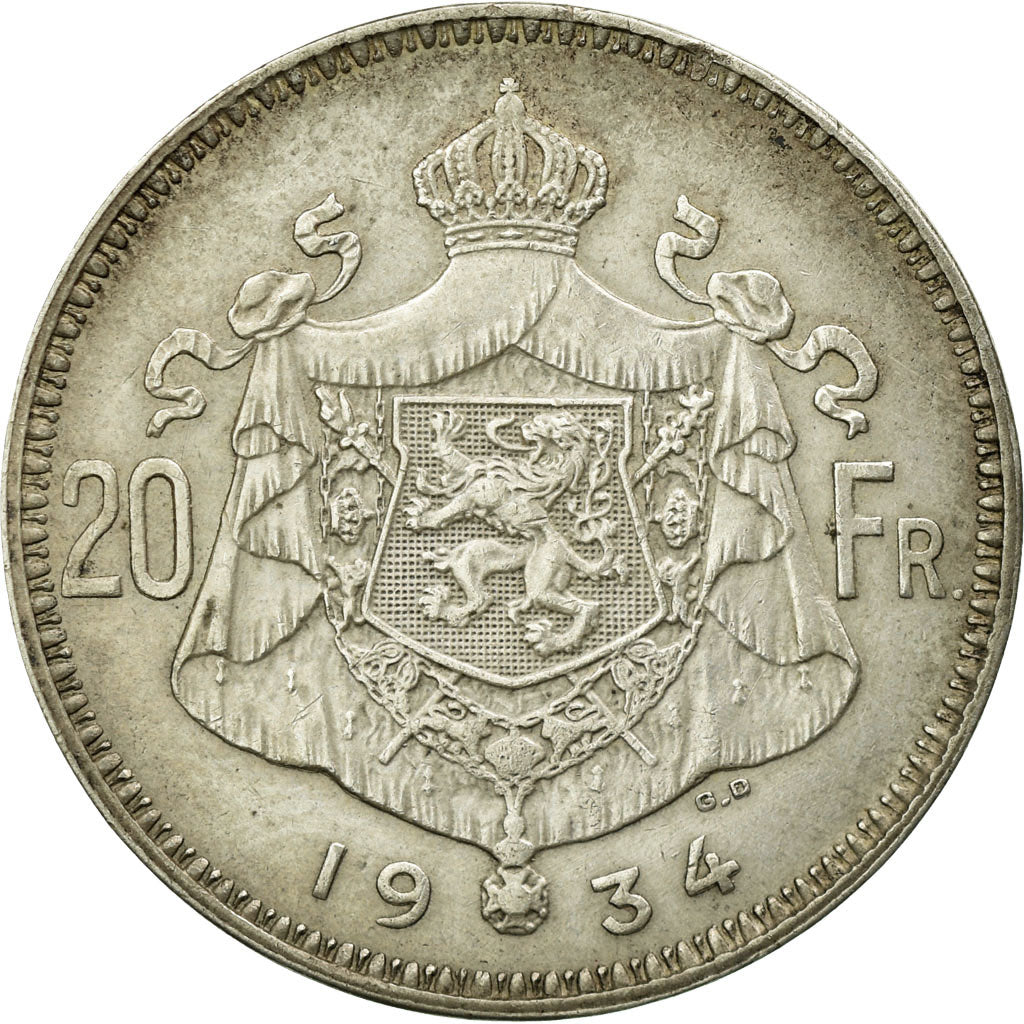 Coin, Belgium, 20 Francs, 20 Frank, 1934, AU(50-53), Silver, KM:104.1