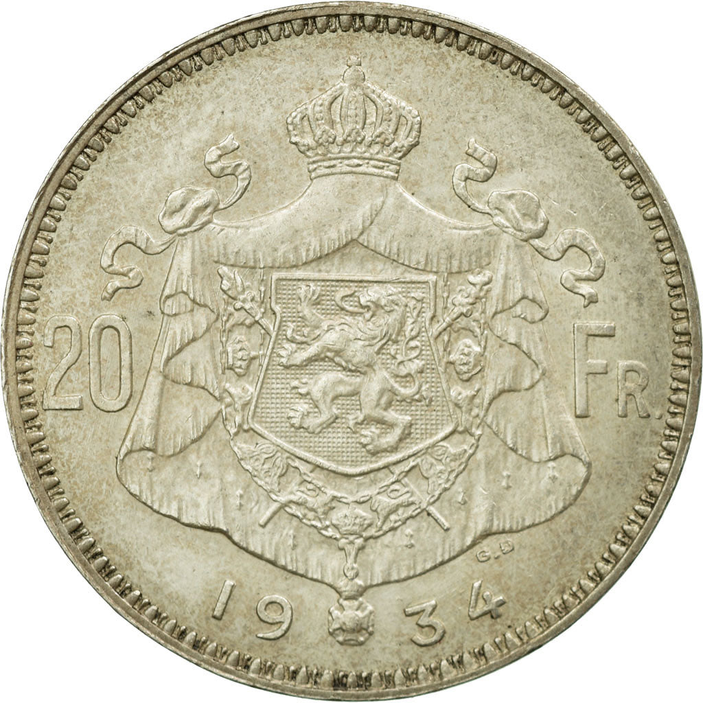 Coin, Belgium, 20 Francs, 20 Frank, 1934, AU(55-58), Silver, KM:104.1