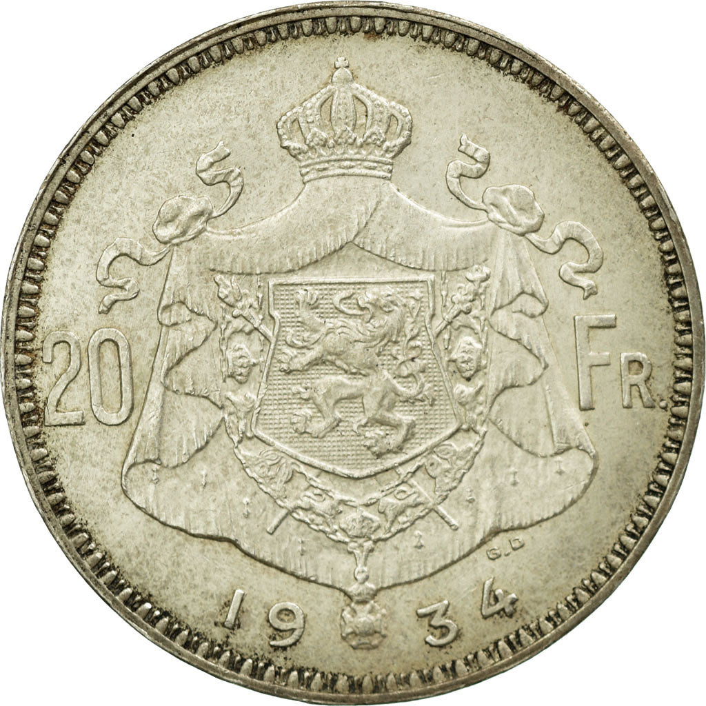Coin, Belgium, 20 Francs, 20 Frank, 1934, AU(55-58), Silver, KM:104.1