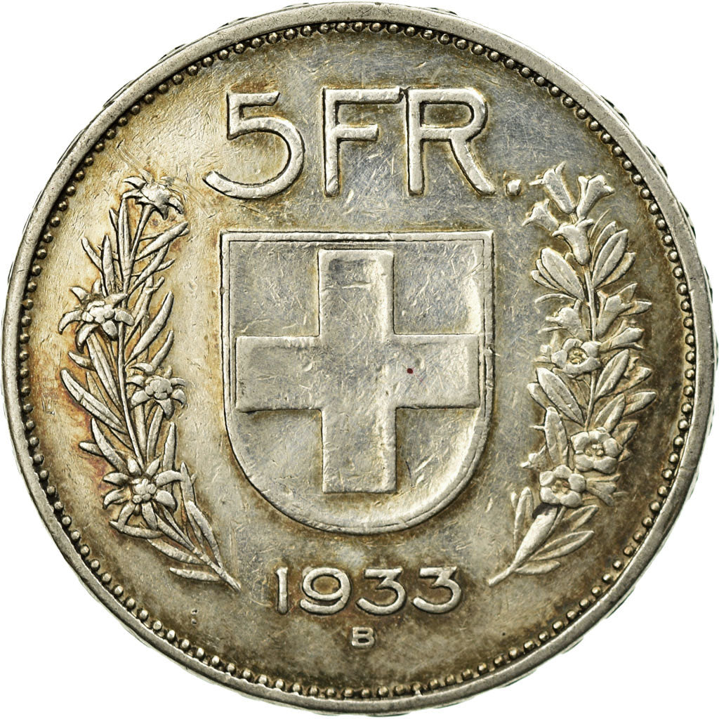 Coin, Switzerland, 5 Francs, 1933, Bern, AU(50-53), Silver, KM:40