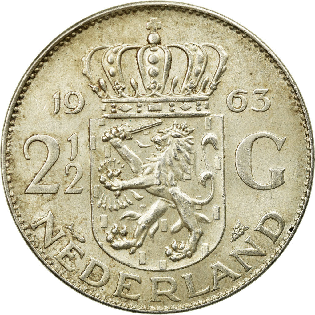 Münze, Niederlande, Juliana, 2-1/2 Gulden, 1963, VZ, Silber, KM:185
