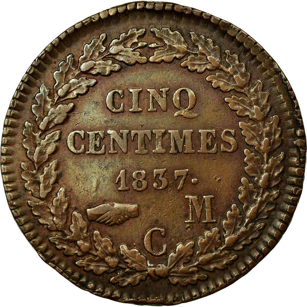 Coin, Monaco, Honore V, 5 Centimes, Cinq, 1837, Monaco, AU(50-53), Cast Brass