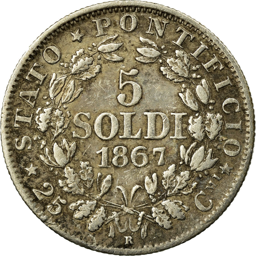 Coin,PAPAL STATES, Pius IX, 5 Soldi, 25 Centesimi, 1867, Rome, AU(50-53)