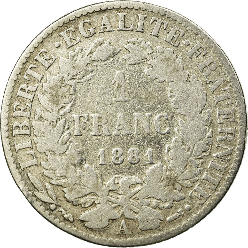 Moneda, Francia, Cérès, Franc, 1881, Paris, BC, Plata, KM:822.1, Gadoury:465a
