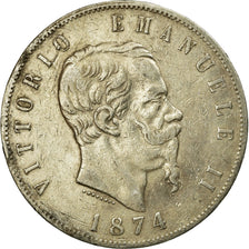 Coin, Italy, Vittorio Emanuele II, 5 Lire, 1874, Milan, EF(40-45), Silver