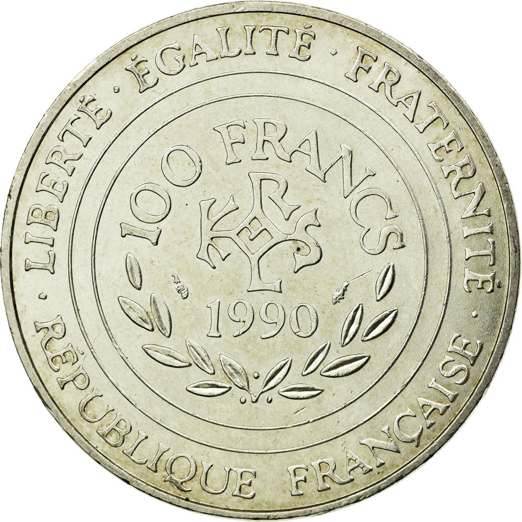 Coin, France, Charlemagne, 100 Francs, 1990, Paris, AU(55-58), Silver, KM:982