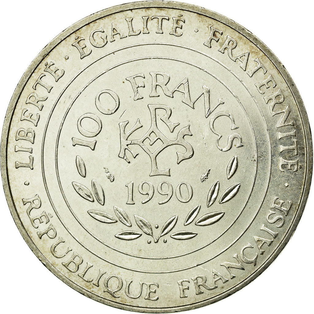Coin, France, Charlemagne, 100 Francs, 1990, Paris, AU(55-58), Silver, KM:982