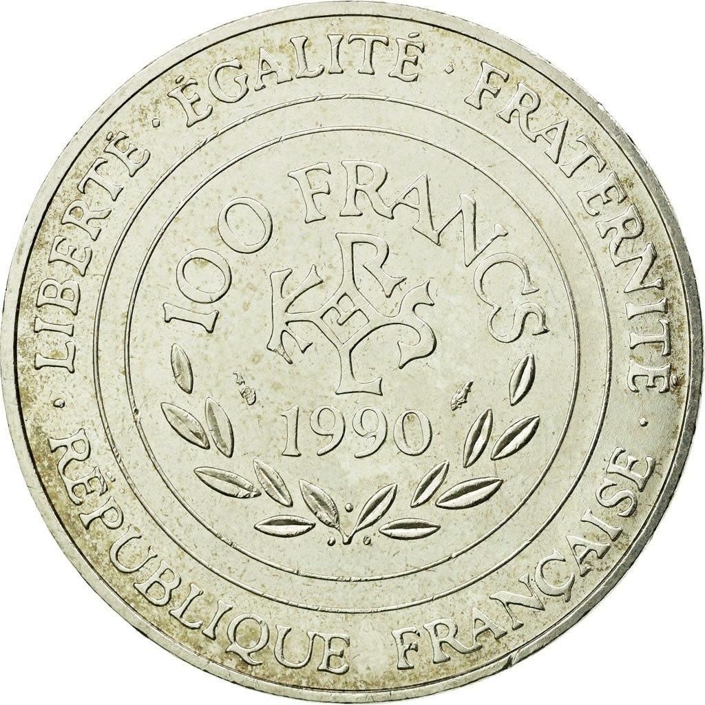 Coin, France, Charlemagne, 100 Francs, 1990, Paris, AU(55-58), Silver, KM:982