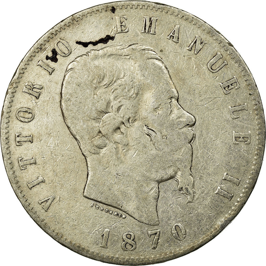 Coin, Italy, Vittorio Emanuele II, 5 Lire, 1870, Milan, VF(20-25), Silver