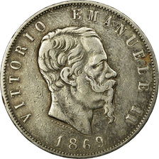 Coin, Italy, Vittorio Emanuele II, 5 Lire, 1869, Milan, EF(40-45), Silver